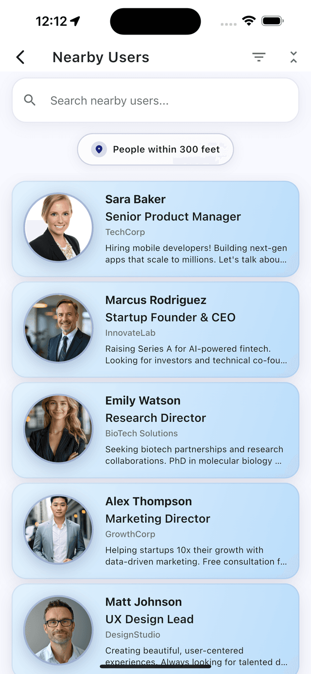 Real-time nearby users view in Wyrl app