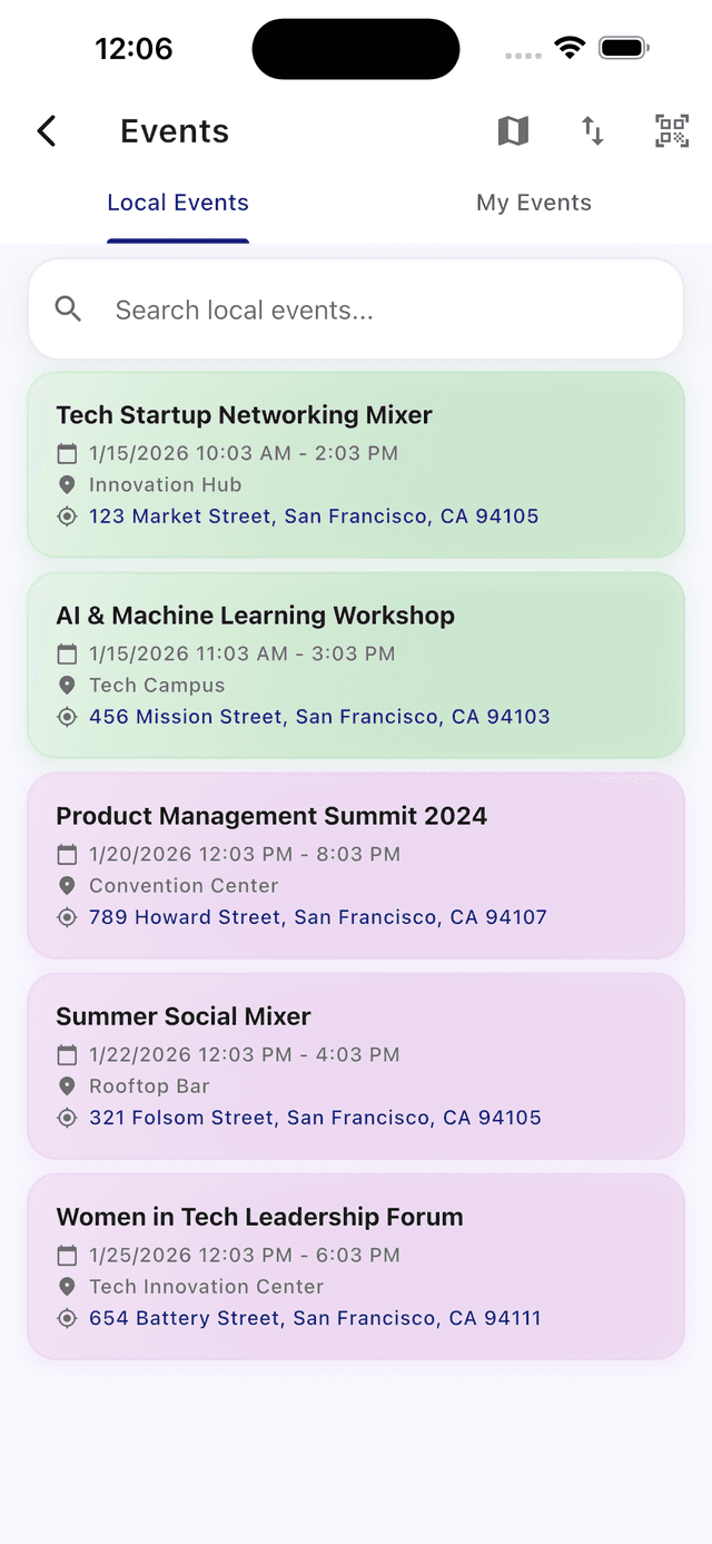 Events and guest list view in Wyrl app
